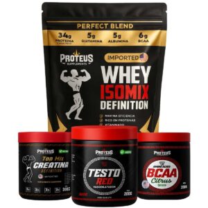 Whey Protein Black Isolado 1kg + Creatina + Bcaa Aminoácidos + Testo Red