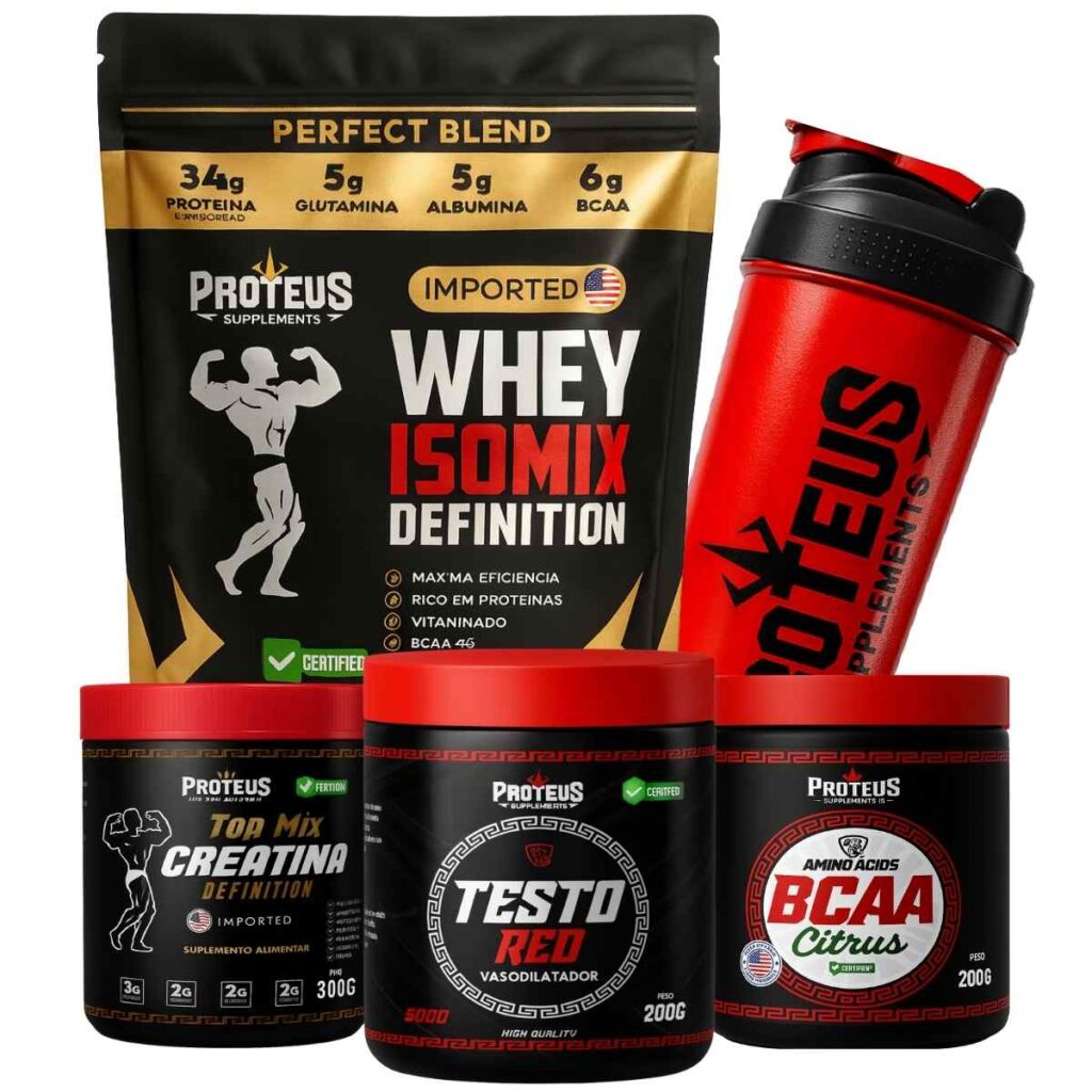 Whey Protein Black Isolado 1kg + Creatina + Bcaa Aminoácidos + Testo Red + Coqueteleira