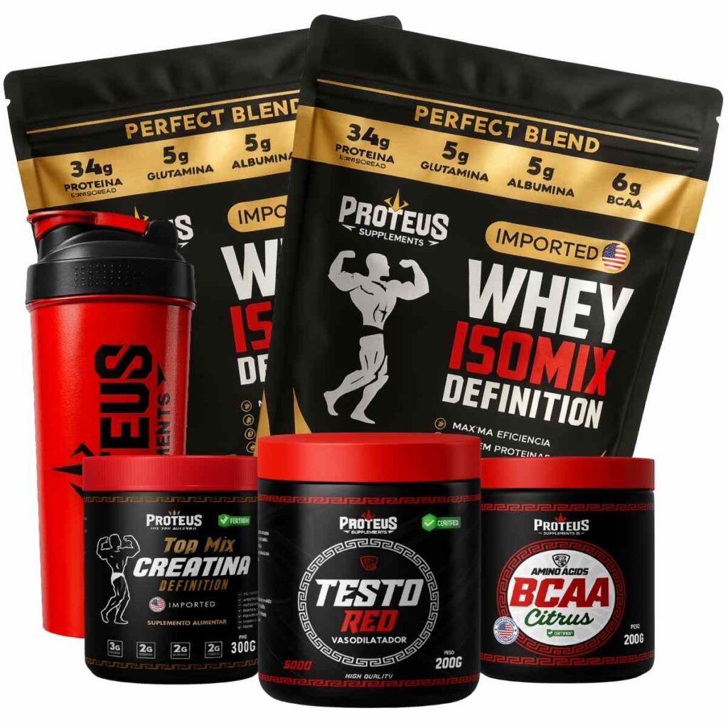 Whey Protein Black Isolado 2kg + Creatina + Bcaa Aminoácidos + Testo Red + Coqueteleira