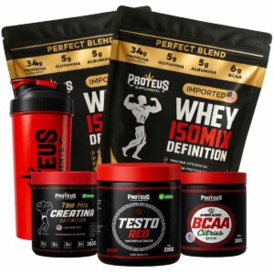 Whey Protein Black Isolado 2kg + Creatina + Bcaa Aminoácidos + Testo Red + Coqueteleira