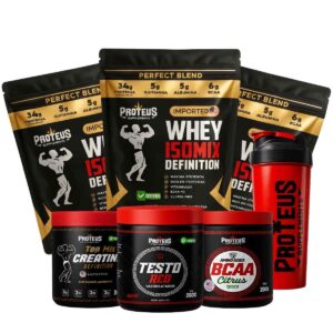 Whey Protein Black Isolado 3kg + Creatina + Bcaa Aminoácidos + Testo Red + Coqueteleira