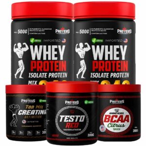 Whey Protein Black Isolado 1kg + Creatina + Bcaa Aminoácidos + Testo Red