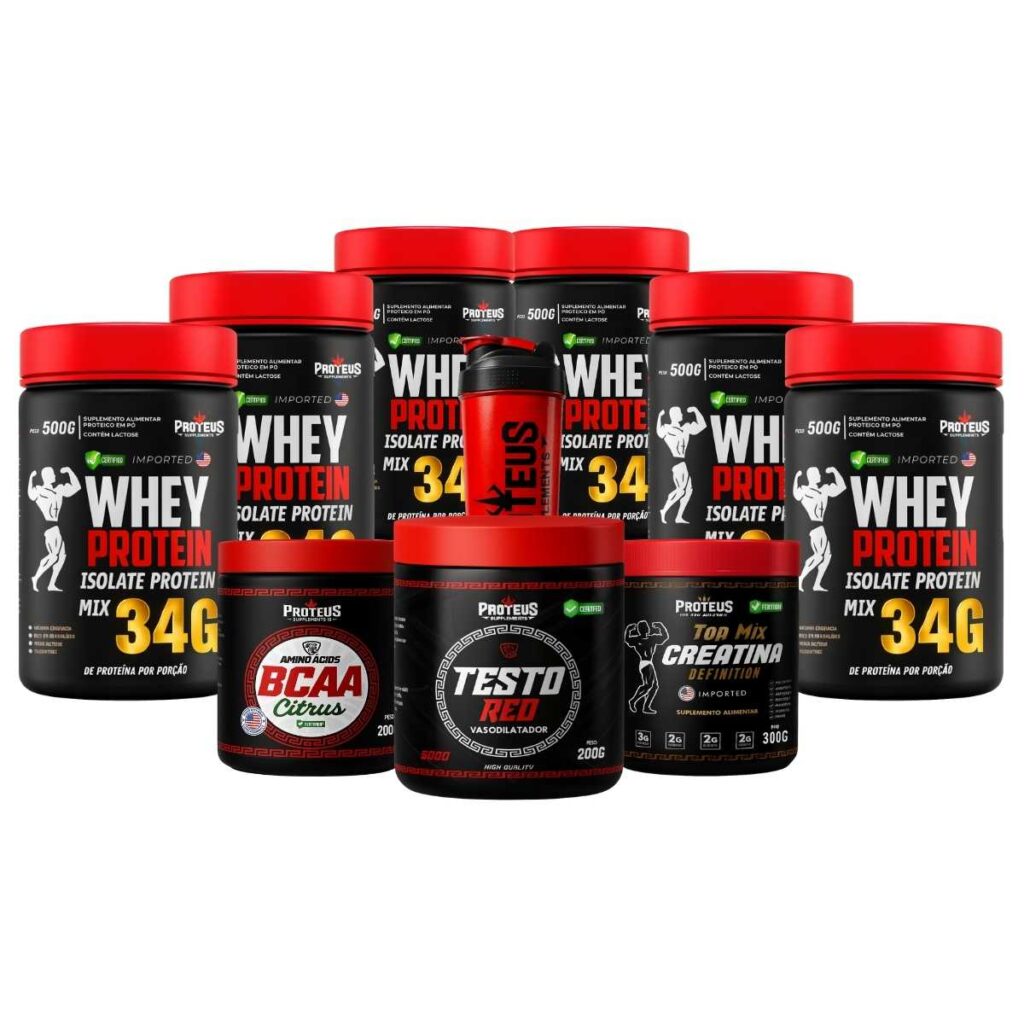 Whey Protein Black Isolado 3kg + Creatina + Bcaa Aminoácidos + Testo Red + Coqueteleira