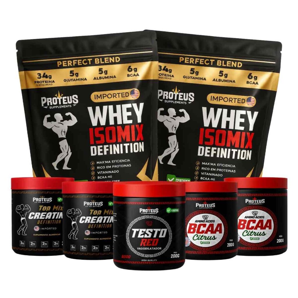 Whey Protein Black Isolado 2kg + 2x Creatina + 2x Bcaa Aminoácidos + Testo Red