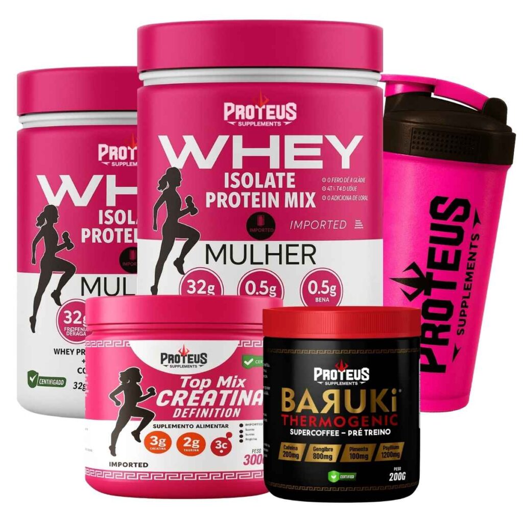 Whey Protein Mulher 1kg + Creatina Topmix + Baruki Thermogênico + Coqueteleira