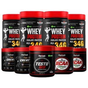 Whey Protein Black Isolado 2kg + 2x Creatina + 2x Bcaa Aminoácidos + Testo Red