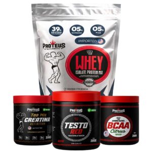 Whey Protein Silver Isolado 1kg + Creatina + Bcaa Aminoácidos + Testo Red