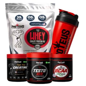 Whey Protein Silver Isolado 1kg + Creatina + Bcaa Aminoácidos + Testo Red + Coqueteleira