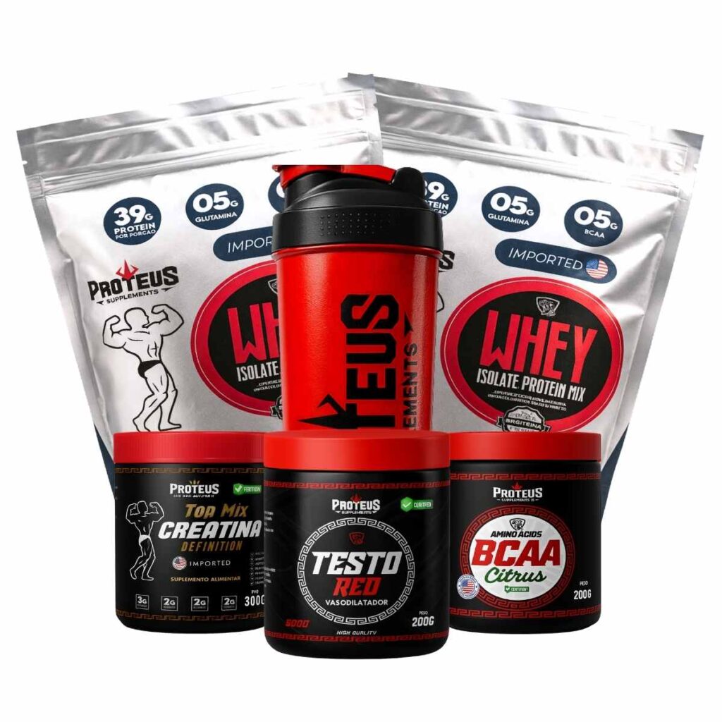 Whey Protein Silver Isolado 2kg + Creatina + Bcaa Aminoácidos + Testo Red + Coqueteleira