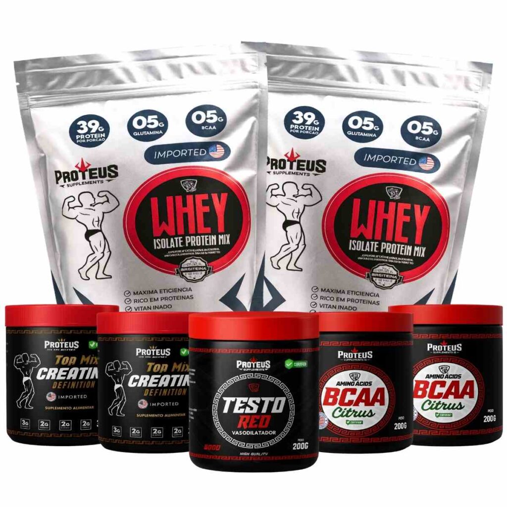 Whey Protein Silver Isolado 2kg + 2x Creatina + 2x Bcaa Aminoácidos + Testo Red