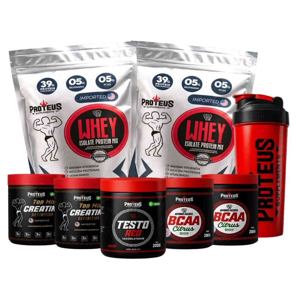 Whey Protein Silver Isolado 2kg + 2x Creatina + 2x Bcaa Aminoácidos + Testo Red + Coqueteleira
