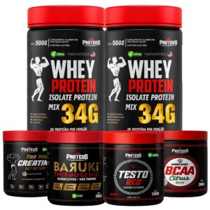 Whey Protein Black Isolado 1kg + Creatina + Bcaa Aminoácidos  + Termogênico + Testo Red