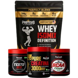 Whey Protein Black Isolado 1kg + Creatina Monohidratada 100% Pura + Bcaa Aminoácidos + Testo Red