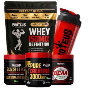 Whey Protein Black Isolado 1kg + Creatina Monohidratada 100% Pura + Bcaa Aminoácidos + Termogênico + Coqueteleira