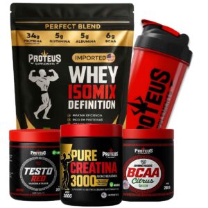 Whey Protein Black Isolado 1kg + Creatina Monohidratada 100% Pura + Bcaa Aminoácidos + Testo Red + Coqueteleira