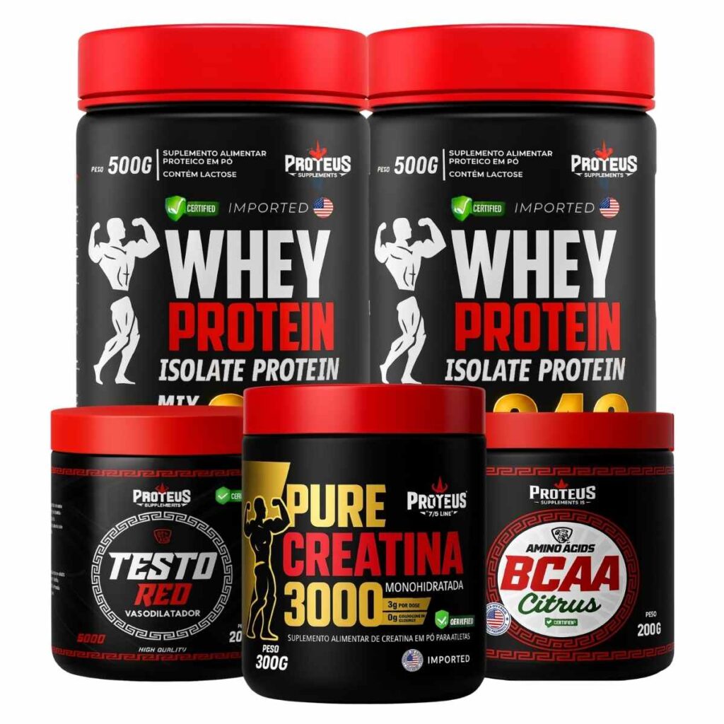 Whey Protein Black Isolado 1kg + Creatina Monohidratada 100% Pura + Bcaa Aminoácidos + Testo Red