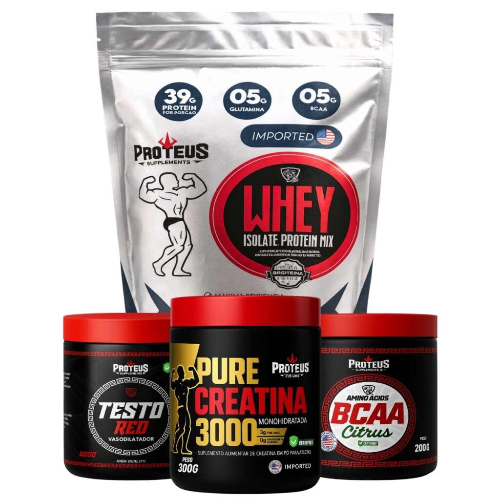 Whey Protein Silver Isolado 1kg + Creatina Monohidratada 100% Pura + Bcaa Aminoácidos + Testo Red