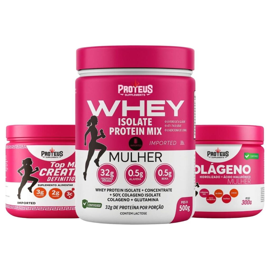 Whey Protein Mulher 500g + Colágeno Hidrolisado com ácido hialurônico + Creatina Topmix