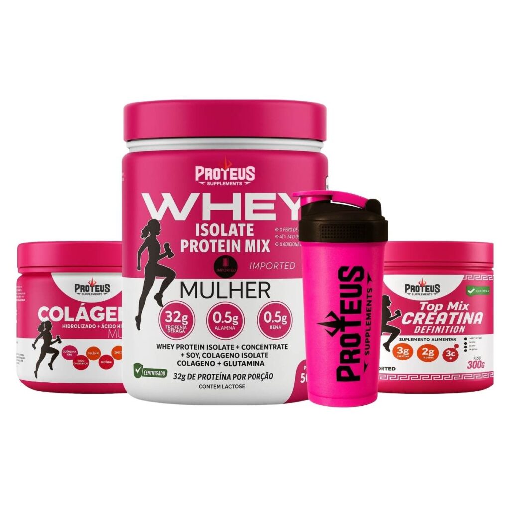 Whey Protein Mulher 500g + Colágeno Hidrolisado com ácido hialurônico + Creatina Topmix + Coqueteleira