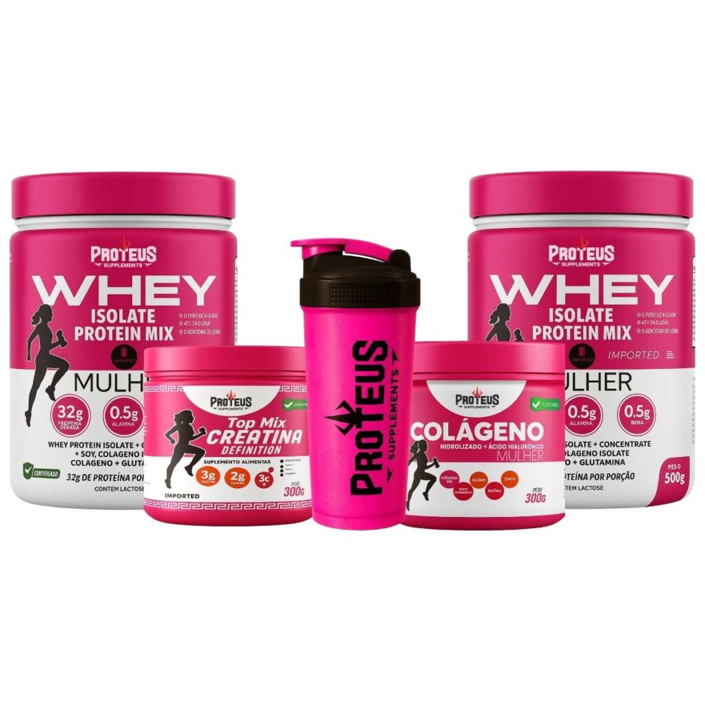 Whey Protein Mulher 1kg + Creatina Topmix + Colágeno Hidrolisado com ácido hialurônico + Coqueteleira
