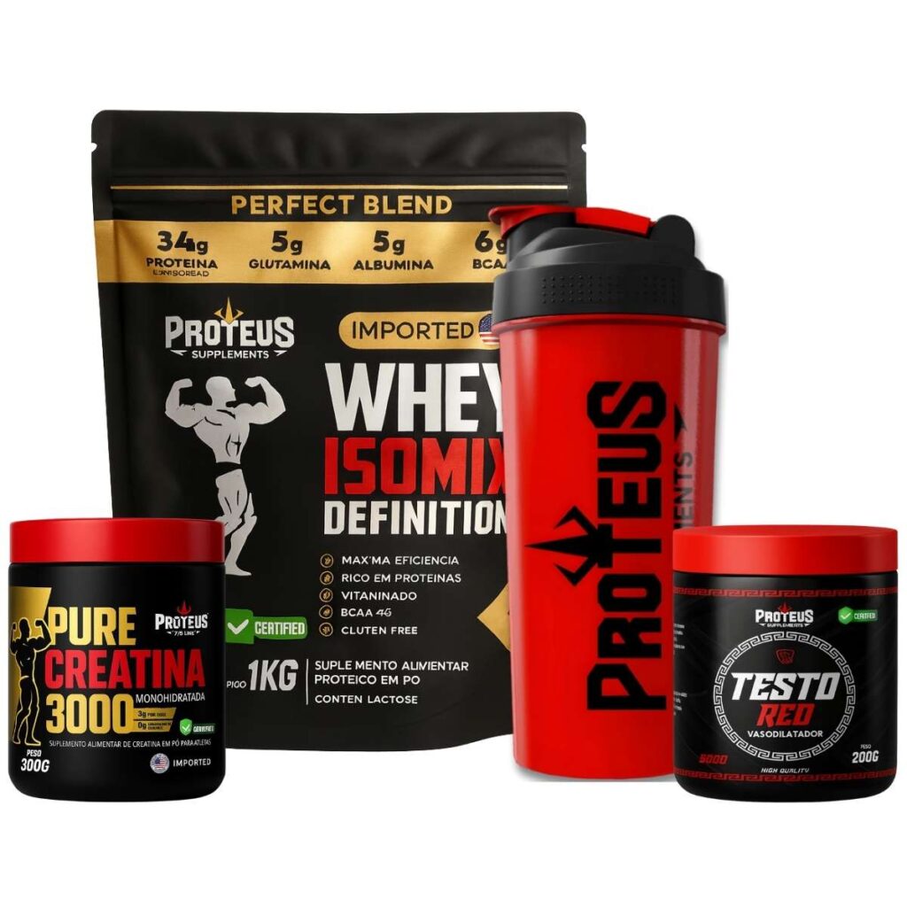 Whey Protein Black Isolado 1kg + Creatina Monohidratada 100% Pura + Testo Red + Coqueteleira