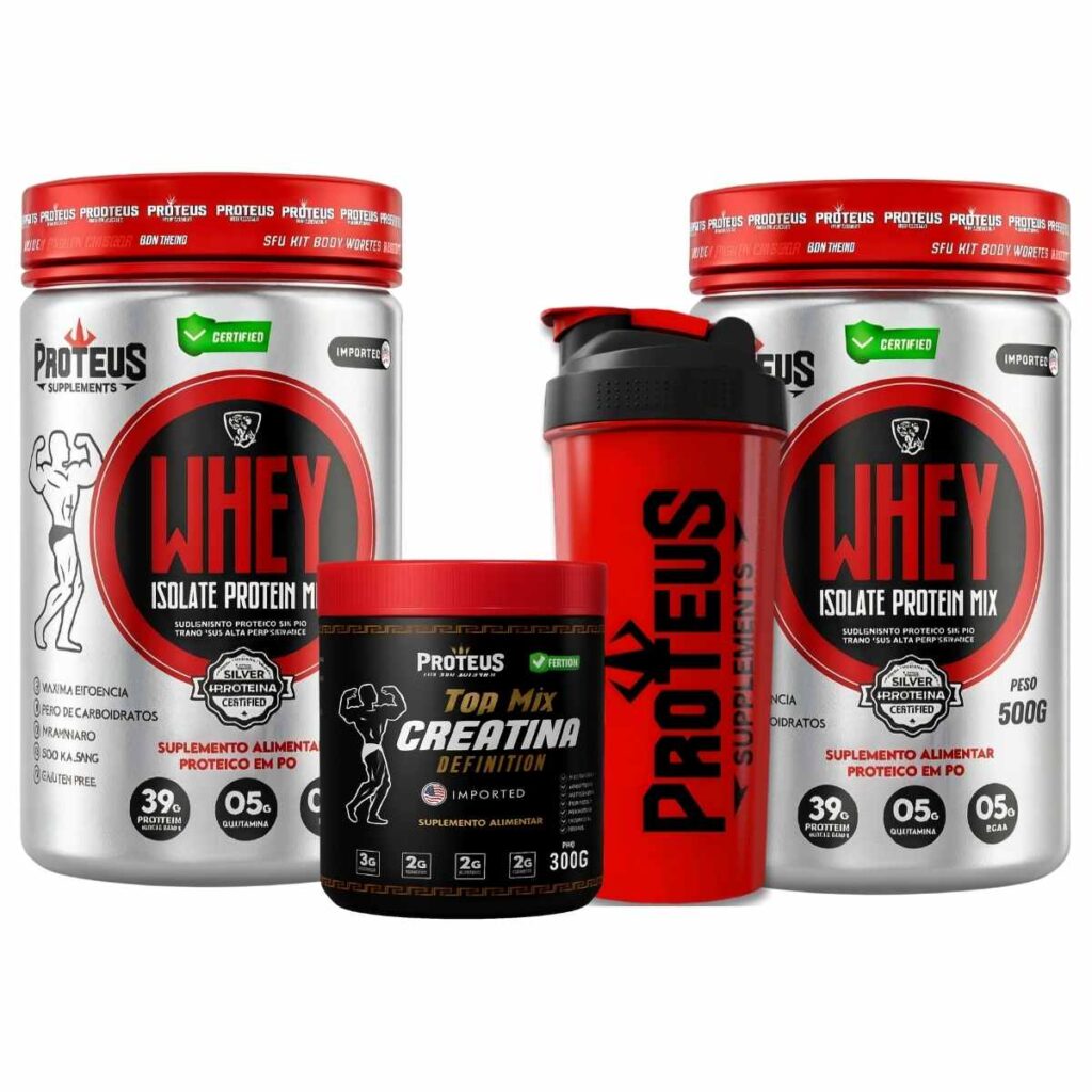 Whey Protein Silver Isolado 1kg + Top Mix Creatina Definition + Coqueteleira